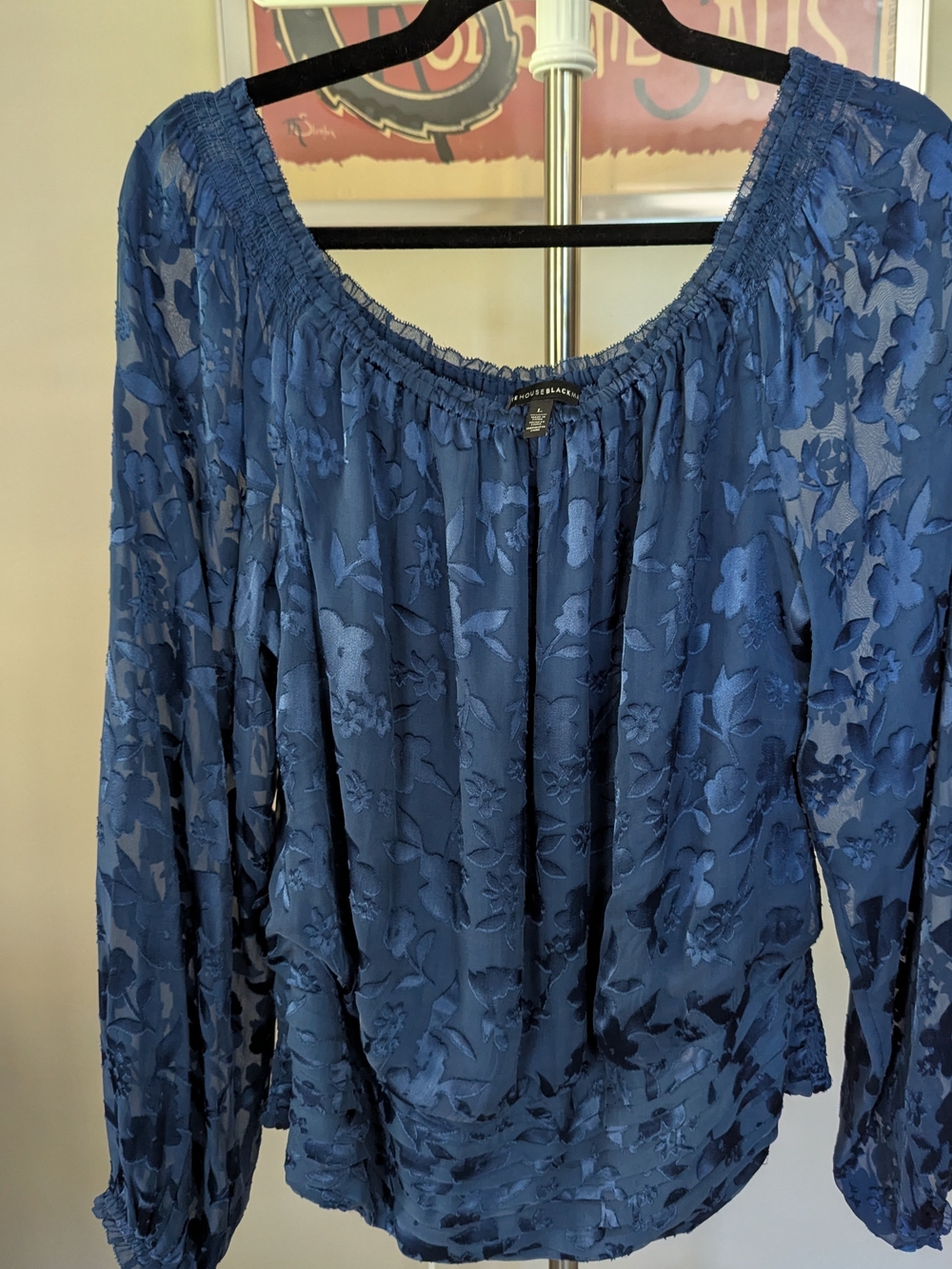 $25 WHBM Size L Royal Blue Silk Blend Floral Burnout Off Shoulder Blouse EUC